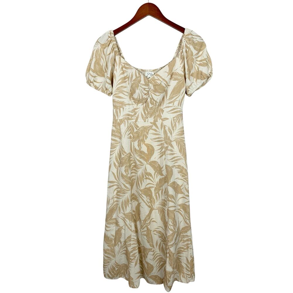Jessica Simpson Linen Blend Midi Dress Brown Cream Short Puff Sleeves Women's M